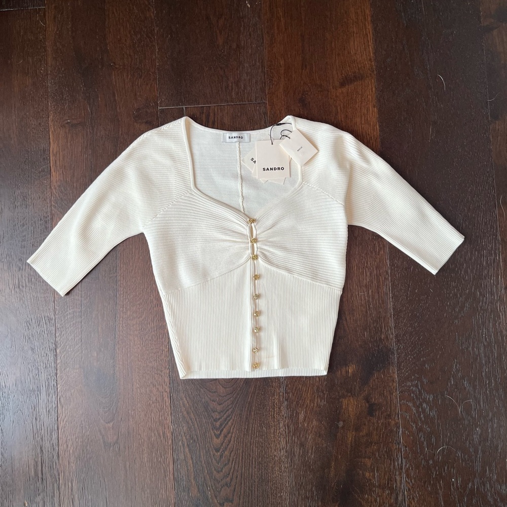 Sandro Ivory Ribbed Top with Elegant Accents